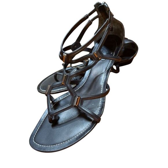 Rene Caovilla Black Leather Flat Gladiator Sandal Zip Back Silver Accent 38/8 - Picture 9 of 16